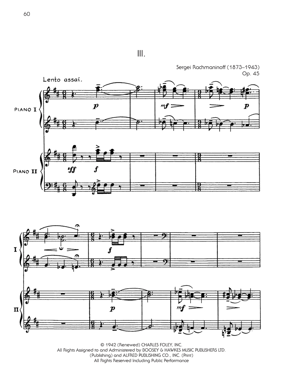 Symphonic Dances, Opus 45 - III. Lento assai / Allegro vivace - Piano Duo (2 Pianos, 4 Hands) Piano Duet scores gallery preview page 1