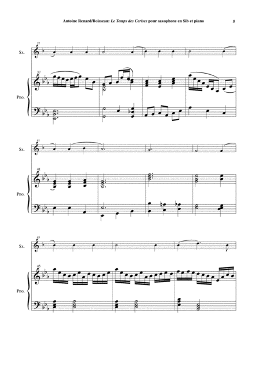 Antoine Renard: Le Temps des Cerises, arranged for Bb soprano or tenor saxophone and piano Woodwind Duet scores gallery preview page 5