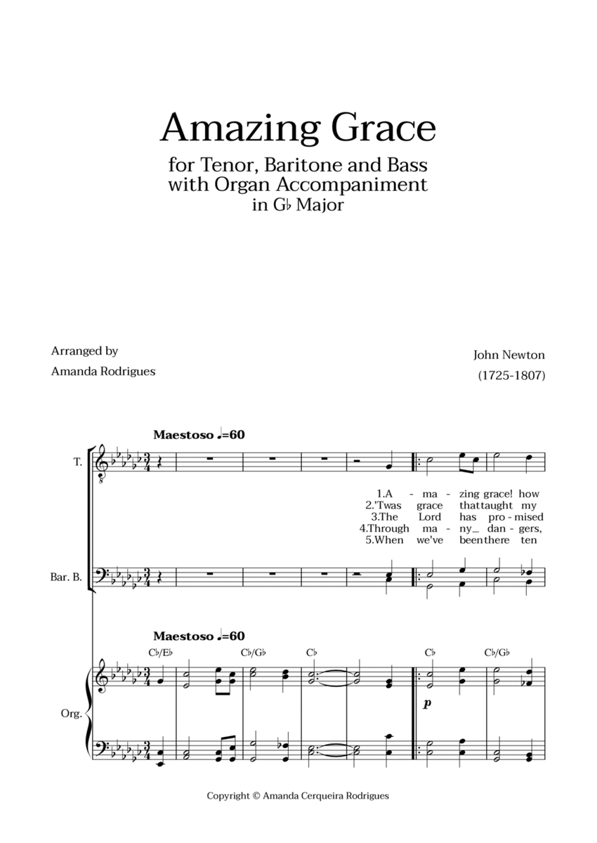 Amazing Grace in Gb Major - Tenor, Bass and Baritone with Organ Accompaniment and Chords image number null