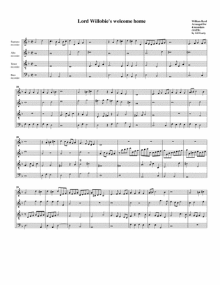 Book cover for Lord Willobie's welcome home (Rowland) (arrangement for 4 recorders)