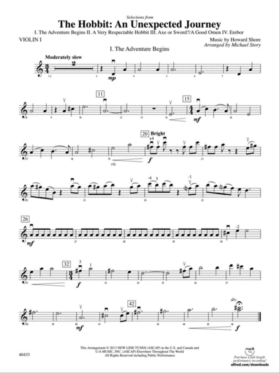 The Hobbit: An Unexpected Journey, Selections from: 1st Violin String Orchestra scores gallery preview page 1