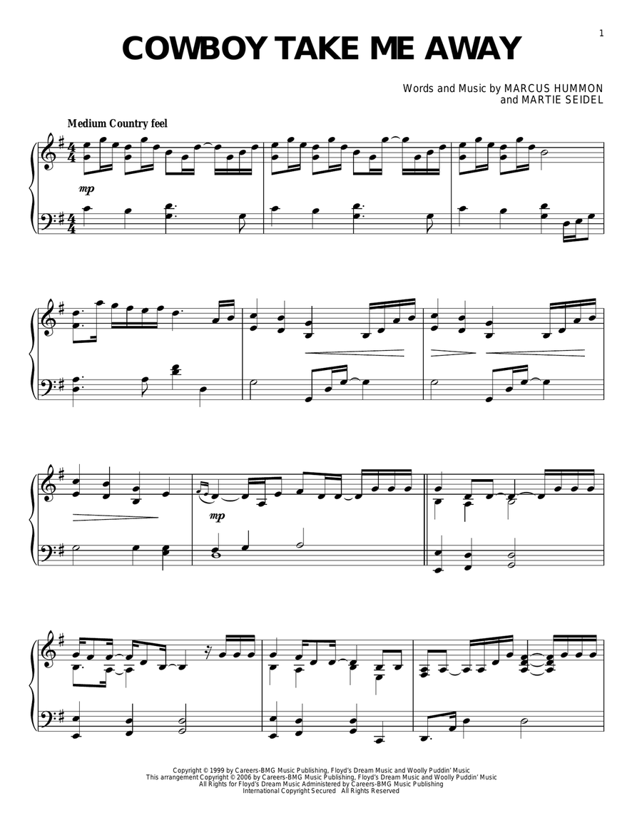 Cowboy Take Me Away Piano Solo scores gallery preview page 1