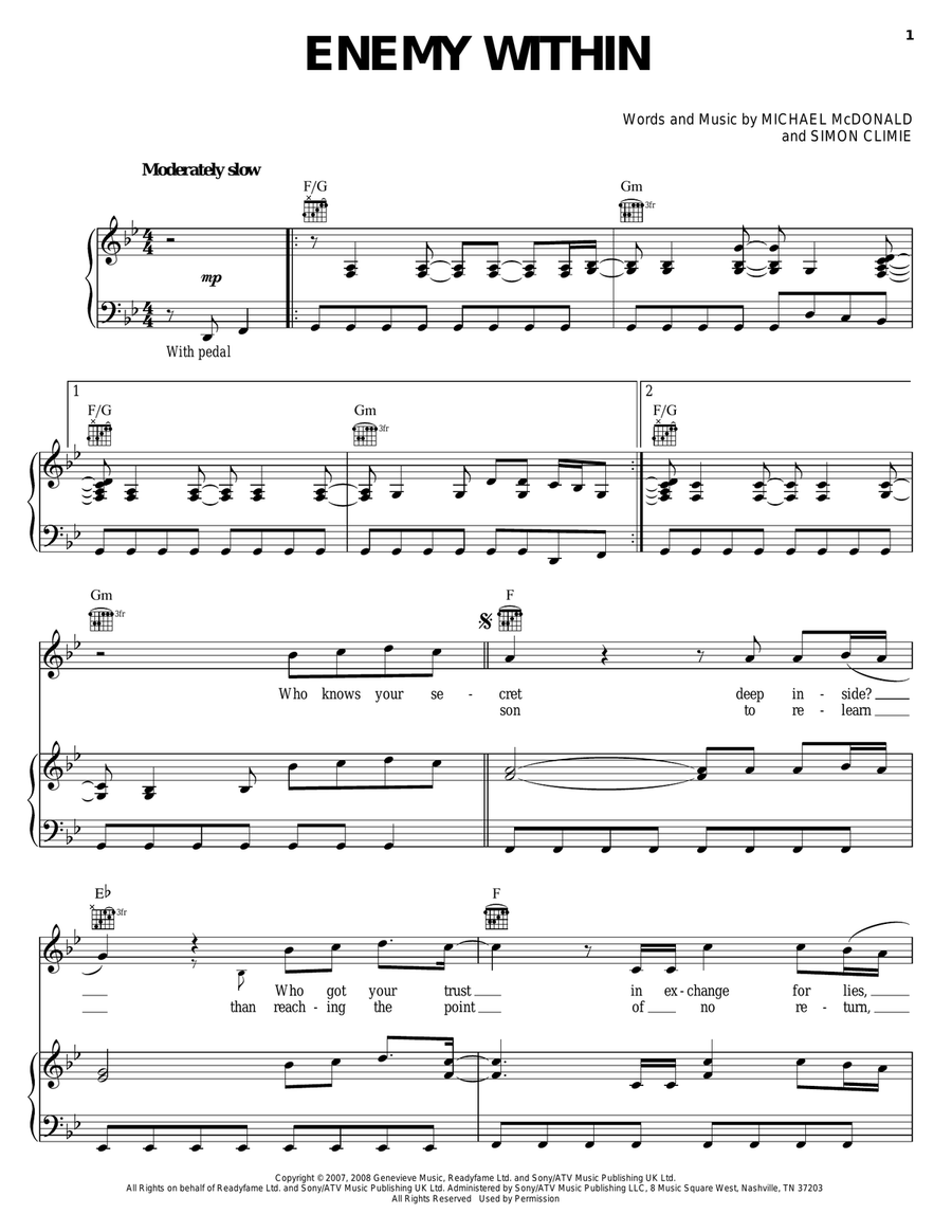 Enemy Within Piano, Vocal, Guitar scores gallery preview page 1