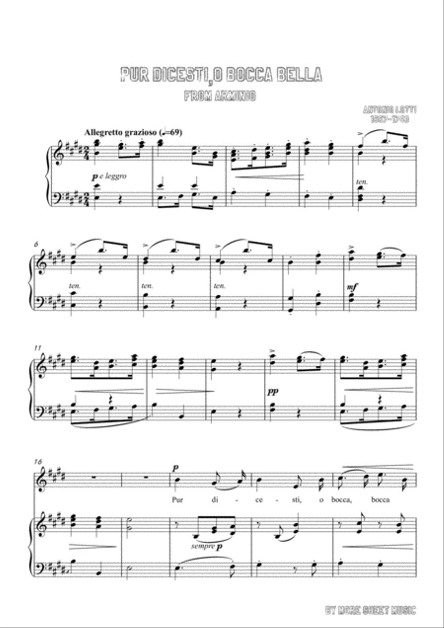 Lotti-Pur dicesti,o bocca bella in E Major,for Voice and Piano Voice Solo scores gallery preview page 3