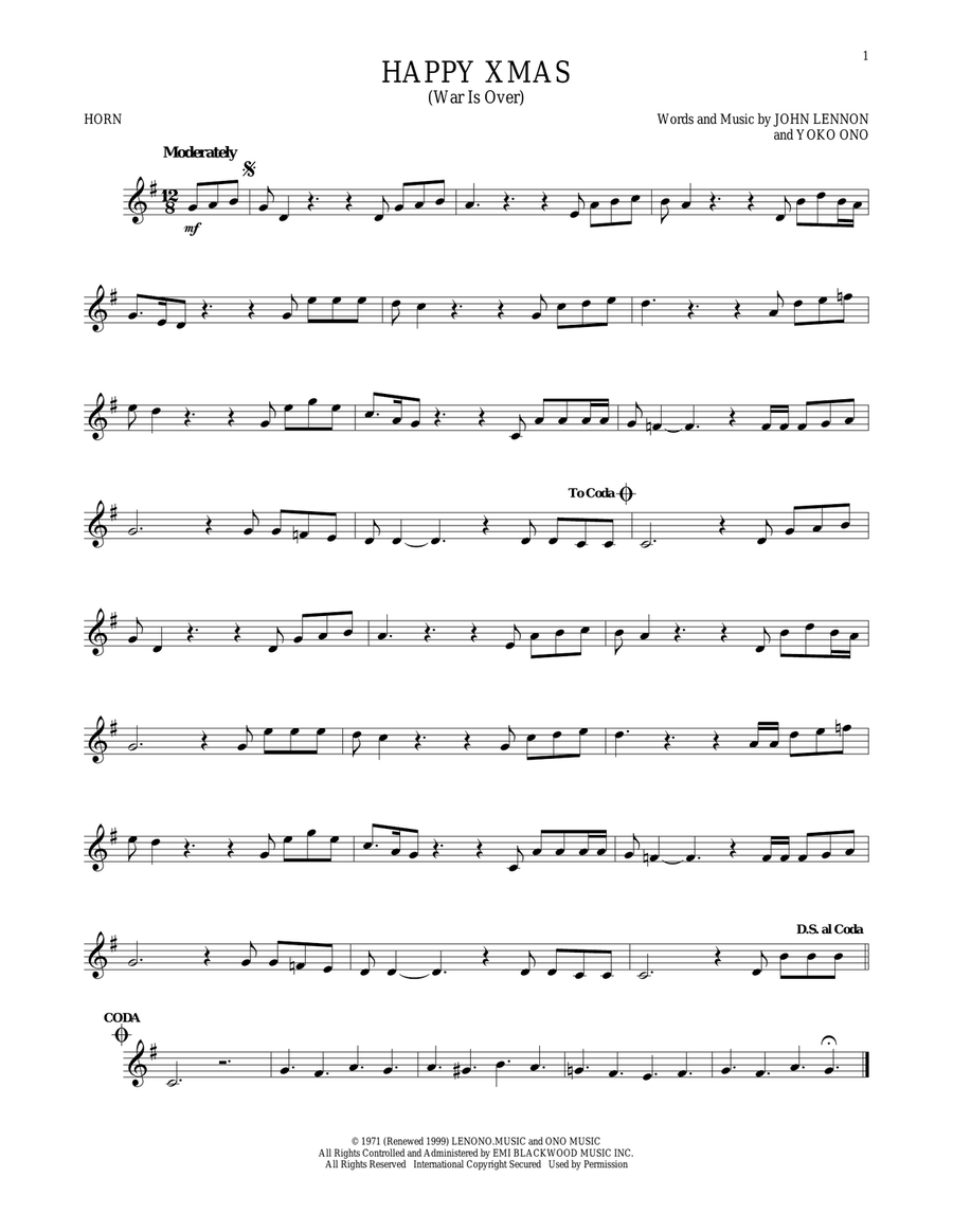 Happy Xmas (War Is Over) Horn Solo scores gallery preview page 1