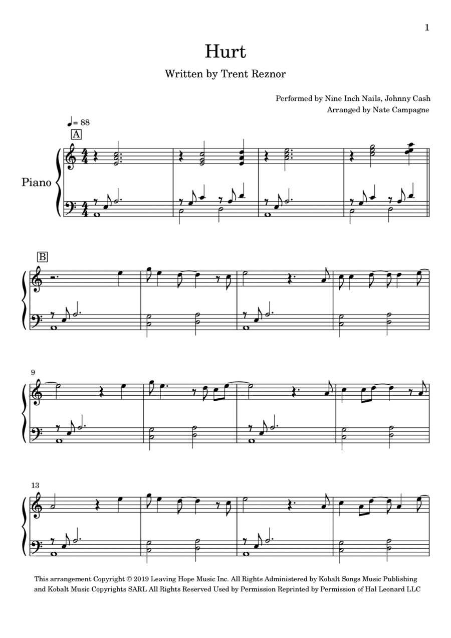Hurt Piano Solo scores gallery preview page 1