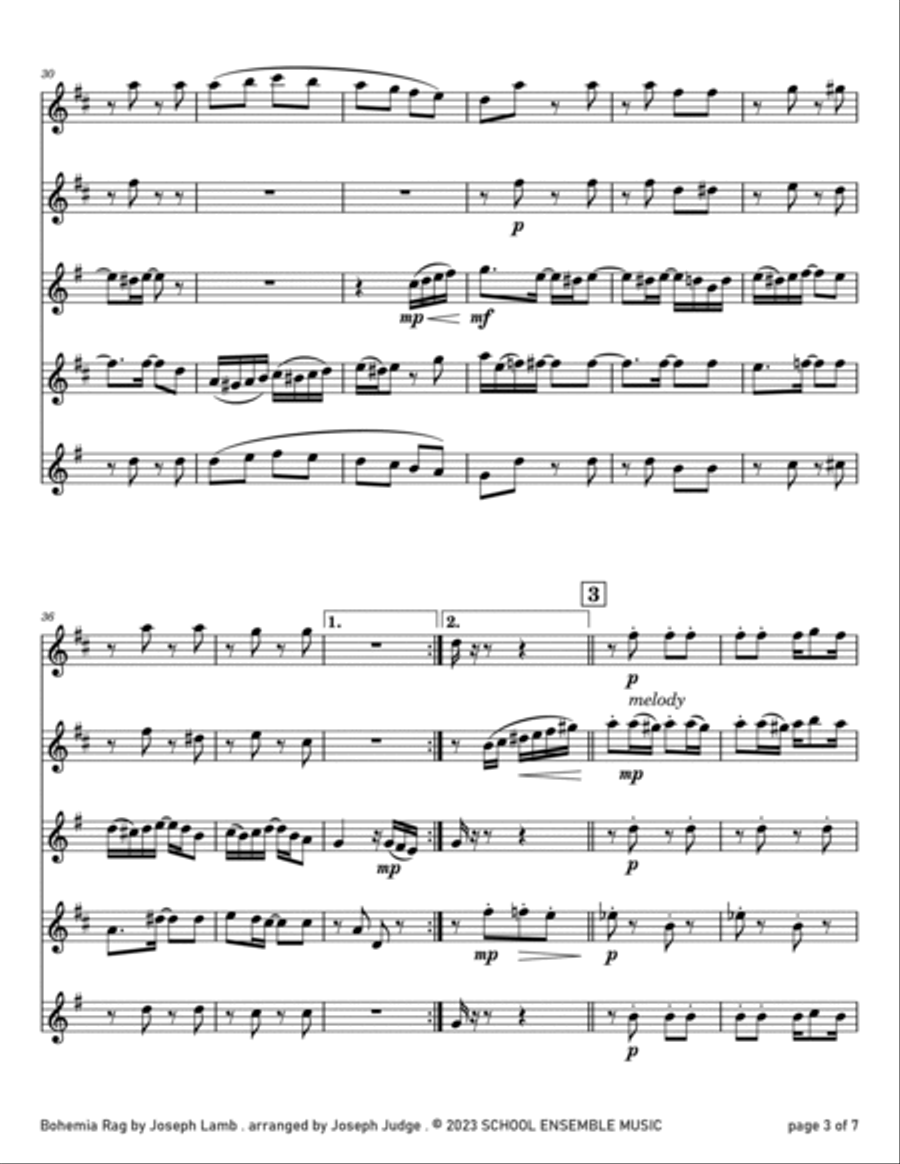 Bohemia Rag by Joseph Lamb for Saxophone Quartet in Schools image number null