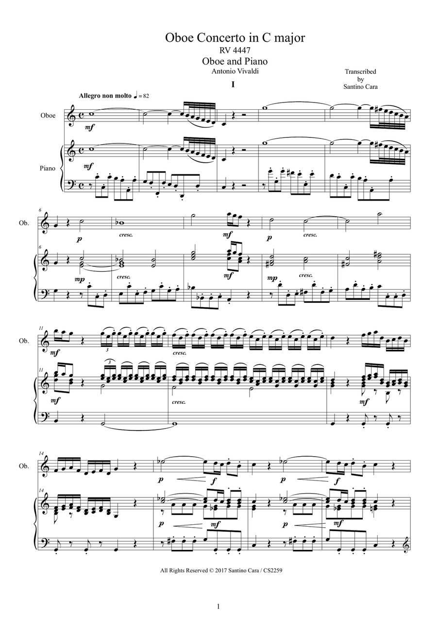 Vivaldi Oboe Concerto in C major RV 447 for Oboe and Piano Score and Oboe part