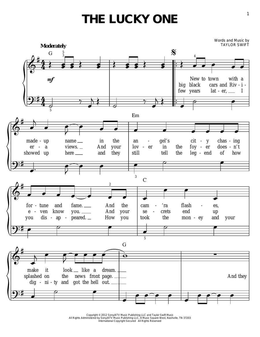 The Lucky One Easy Piano scores gallery preview page 1
