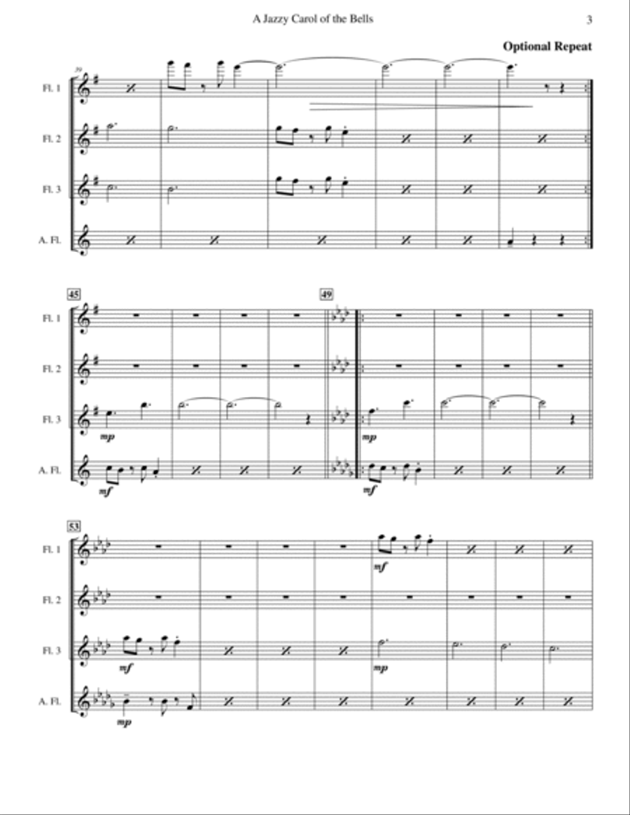 Carol of the Bells (Jazz Waltz for Flute Quartet) Flute Quartet scores gallery preview page 3