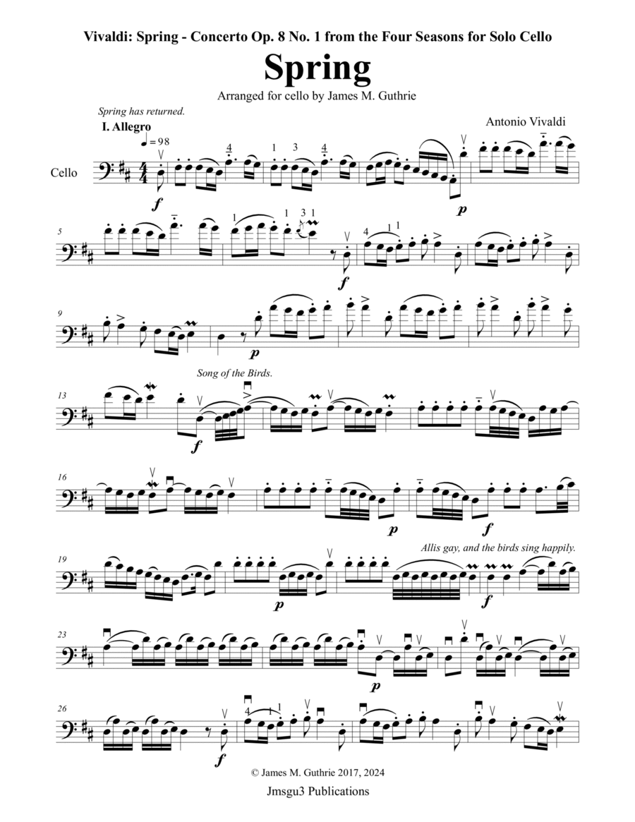 Vivaldi - The Four Seasons: Spring for Solo Cello Cello Solo scores gallery preview page 1