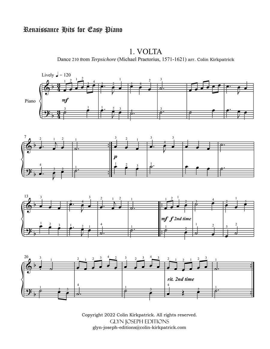 Renaissance Hits for Easy Piano: Five Dances from Terpsichore (Praetorius) Piano Method scores gallery preview page 3