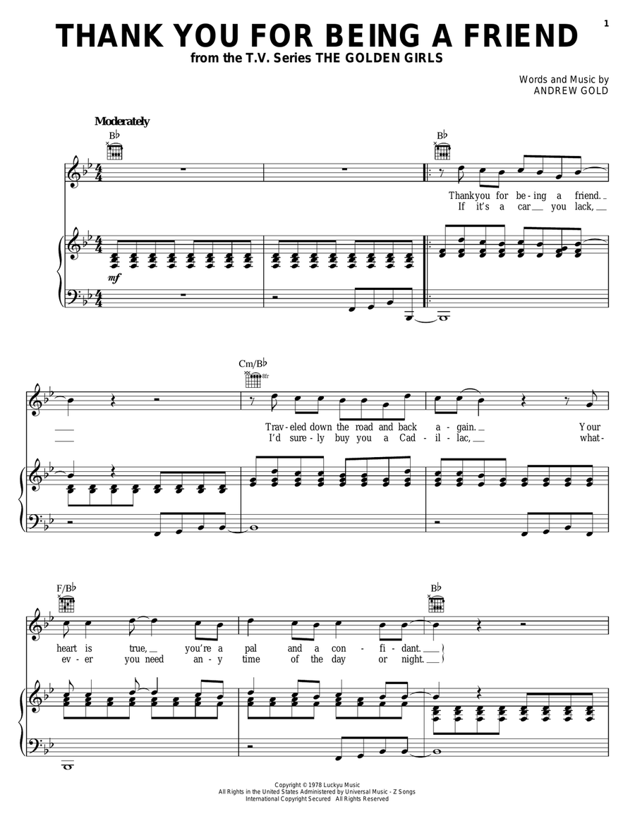 Thank You For Being A Friend (Theme from The Golden Girls) Piano, Vocal, Guitar scores gallery preview page 1