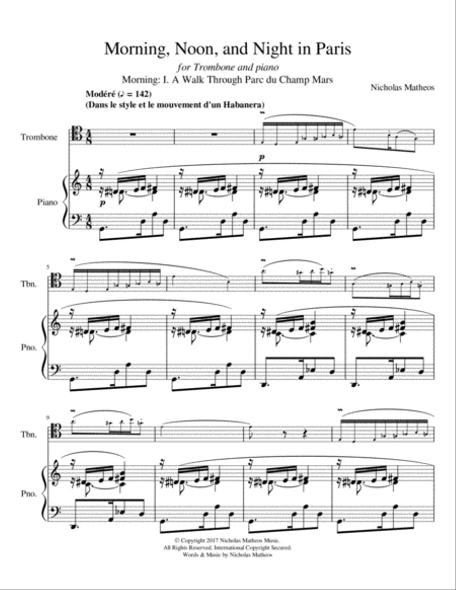 Morning, Noon, and Night in Paris for Trombone and Piano (Tenor Clef) Small Ensemble scores gallery preview page 2