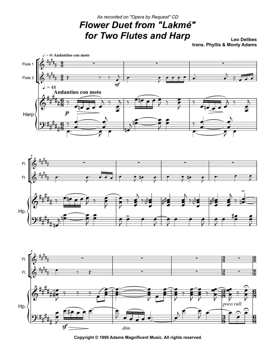 Flower Duet from Lakmé for 2 Flutes (or violins) and Harp Small Ensemble scores gallery preview page 1