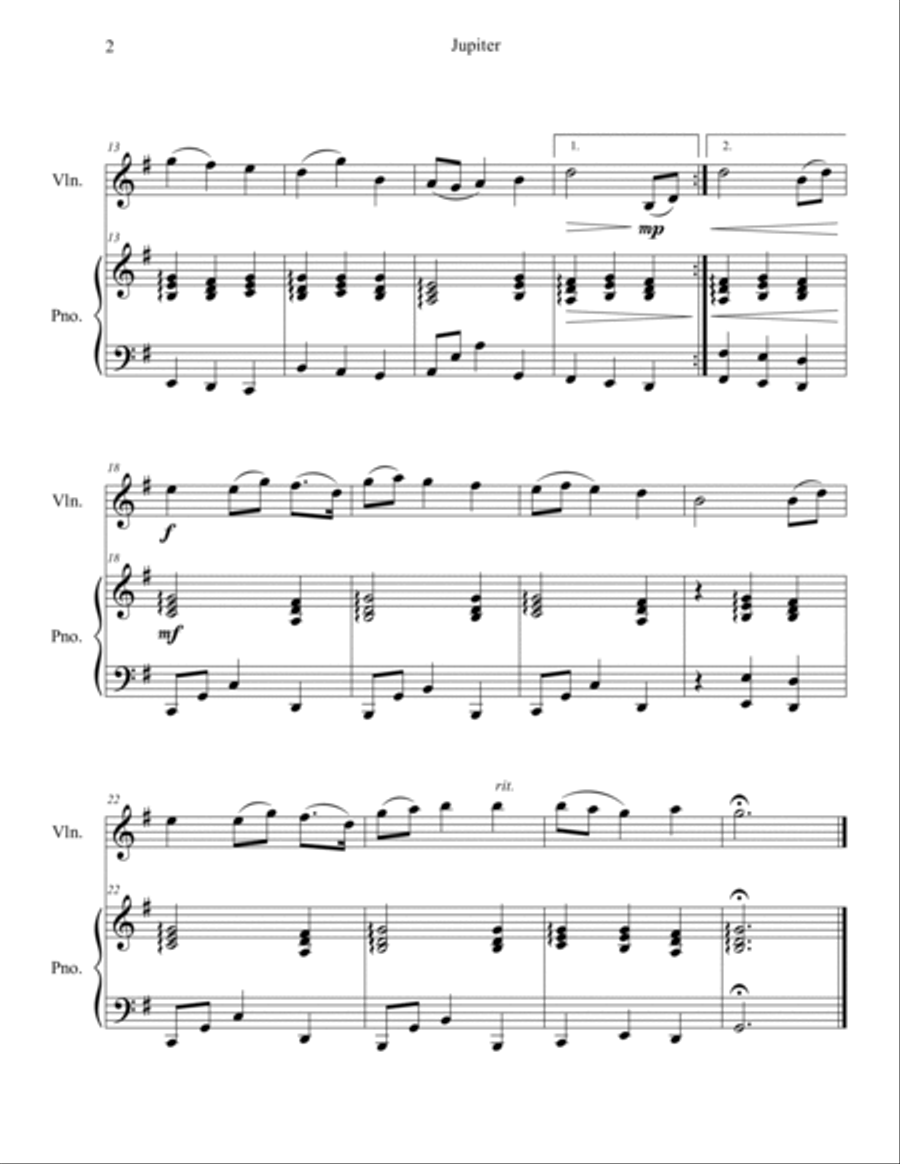Jupiter (from The Planets) for Violin Solo with Piano Accompaniment Violin Solo scores gallery preview page 2