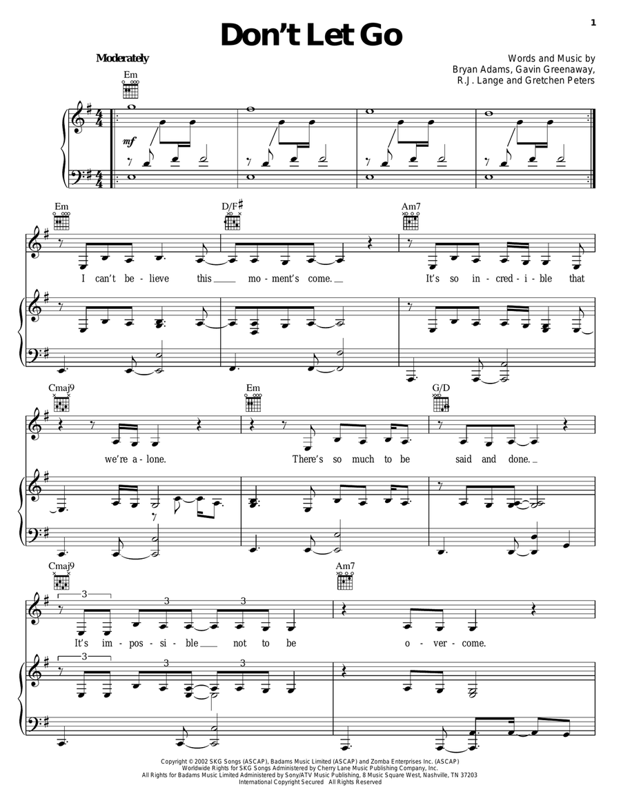 Don't Let Go Piano, Vocal, Guitar scores gallery preview page 1