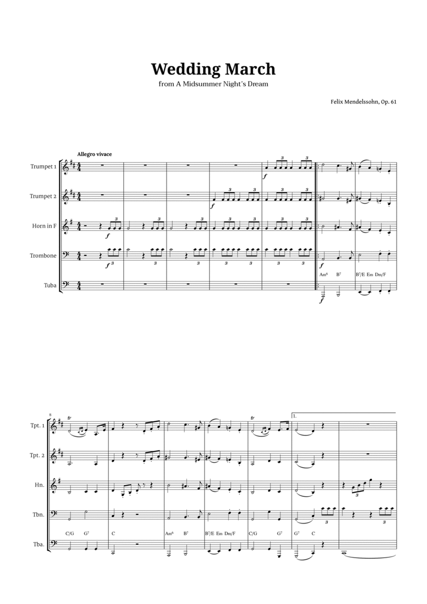 Wedding March by Mendelssohn for Brass Quintet with Chords image number null