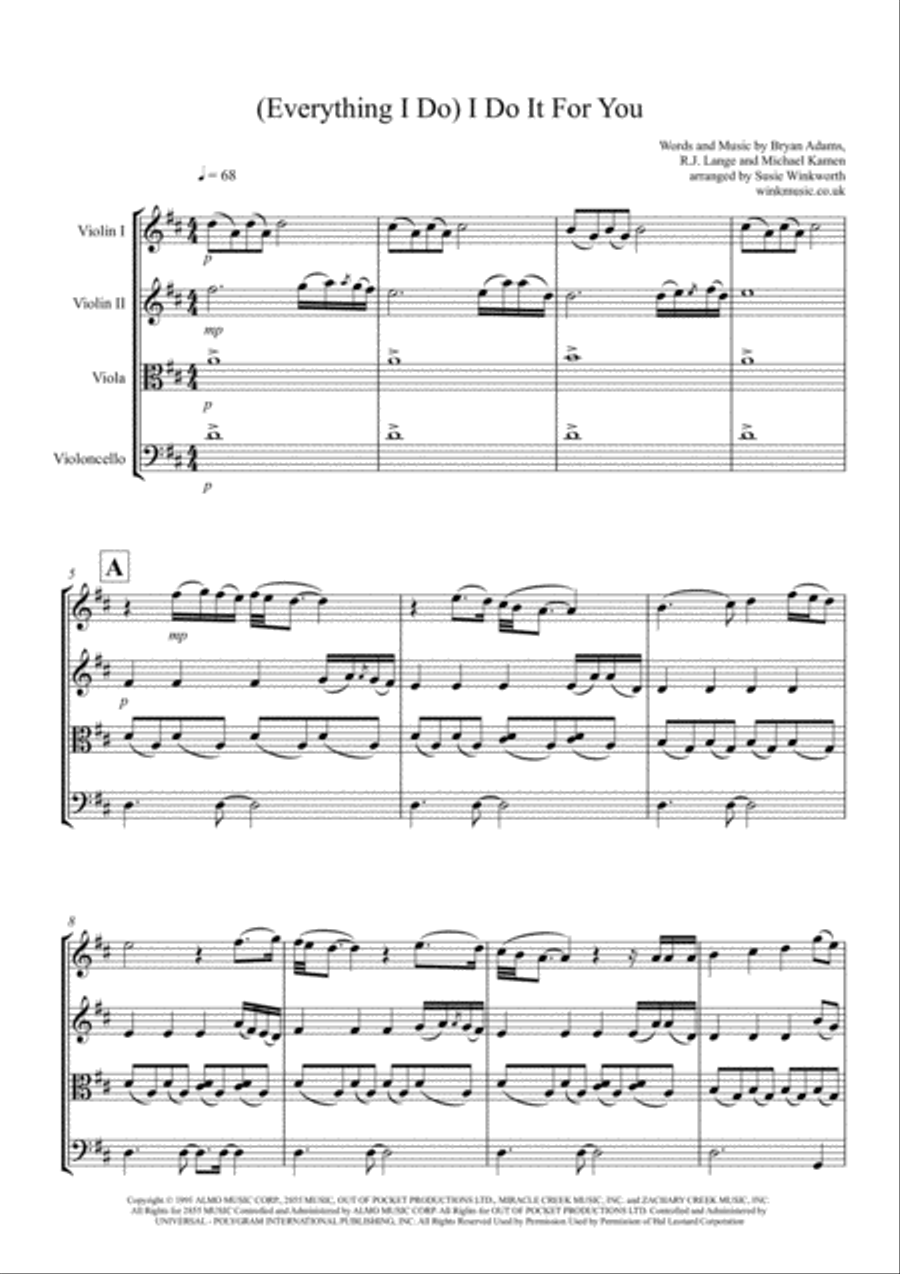 (Everything I Do) I Do It For You String Quartet scores gallery preview page 1