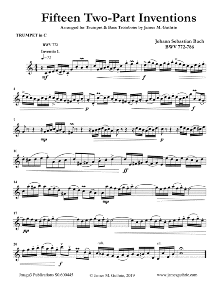 Bach: 15 Two -Part Inventions for Trumpet & Bass Trombone image number null