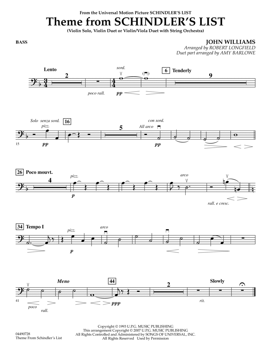 Theme from Schindler's List - Bass Part scores gallery preview page 1