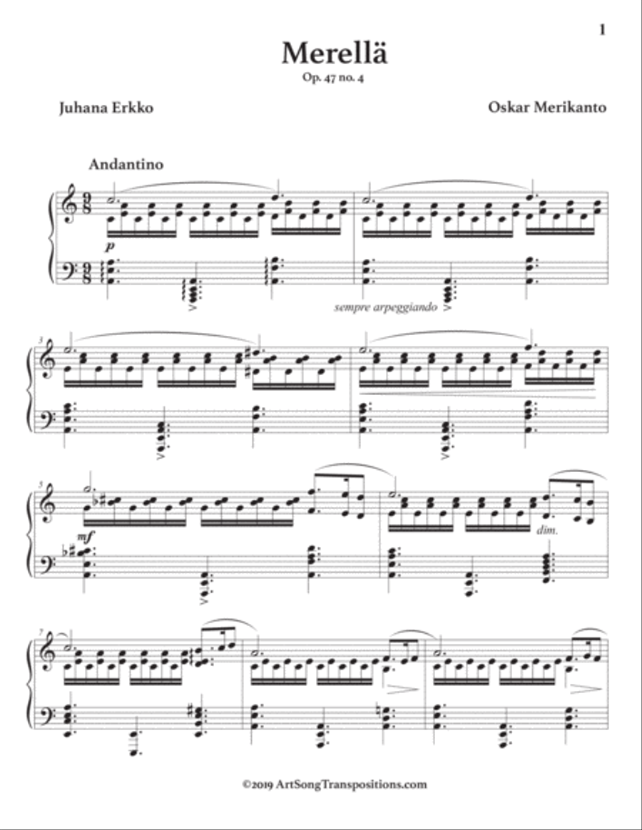 MERIKANTO: Merellä, Op. 47 no. 4 (transposed to A minor) Voice scores gallery preview page 2