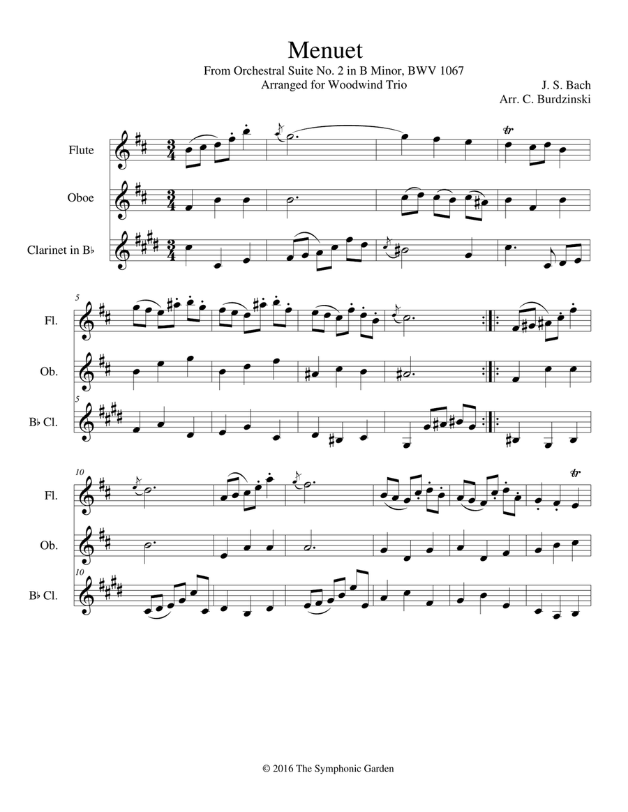 Bach - Menuet from Orchestral Suite No. 2 in B Minor - woodwind trio (flute, oboe, clarinet) Woodwind Trio scores gallery preview page 1