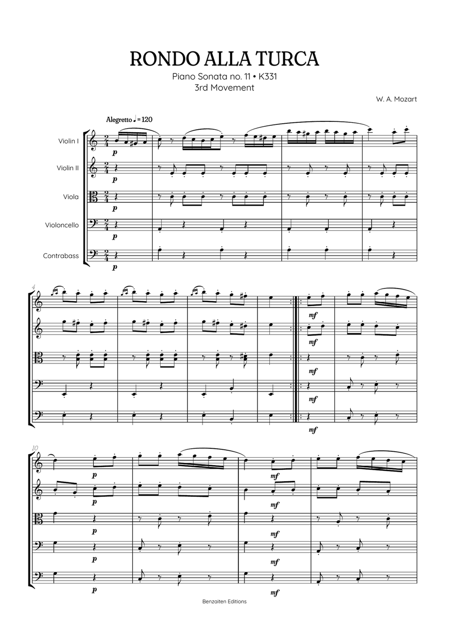 Rondo Alla Turca (Turkish March) | String Quintet sheet music String Orchestra scores gallery preview page 1