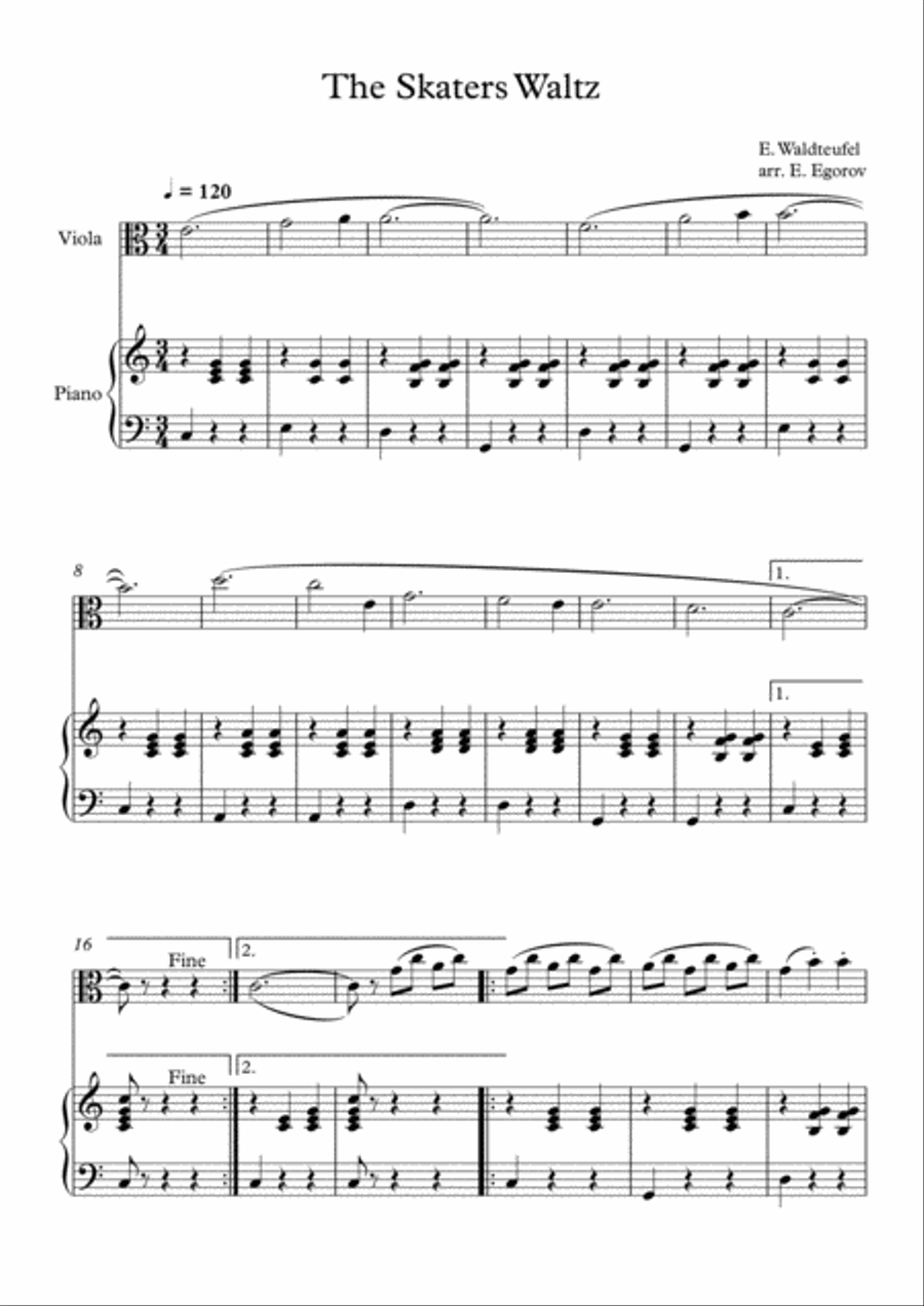 The Skaters Waltz, Emile Waldteufel, For Viola & Piano Viola scores gallery preview page 1