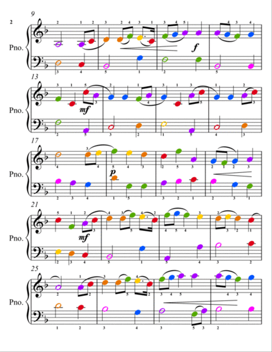 Jupiter the Planets Easy Piano Sheet Music with Colored Notation