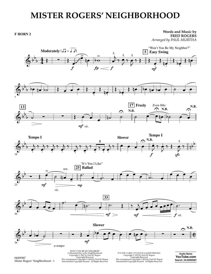 Mister Rogers' Neighborhood (Arr. Paul Murtha) - F Horn 2 Concert Band scores gallery preview page 1