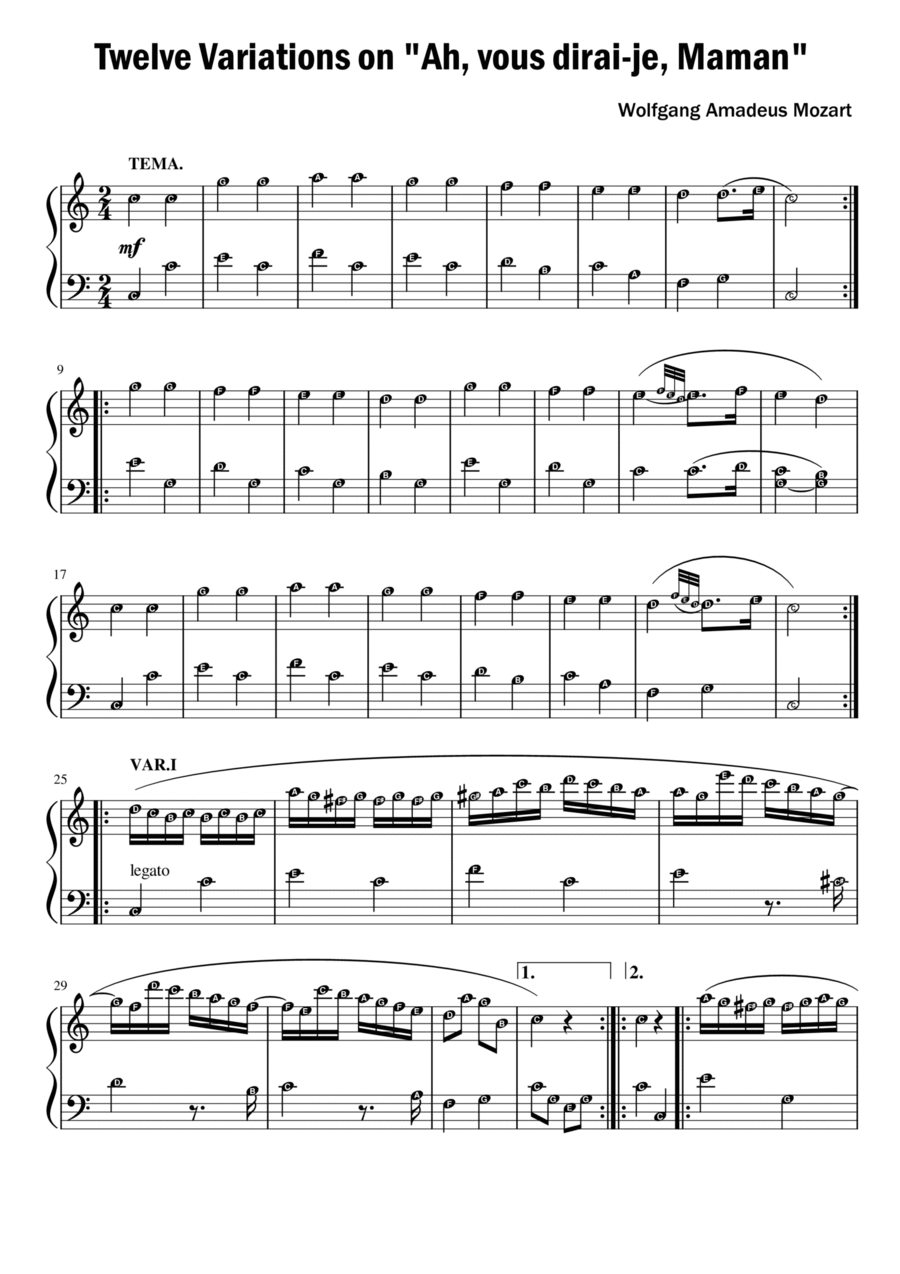 12 Twelve Variations on Ah, Vous Dirai-Je, Maman (Twinkle Twinkle Little Star) Mozart | Piano Solo w Piano Method scores gallery preview page 1