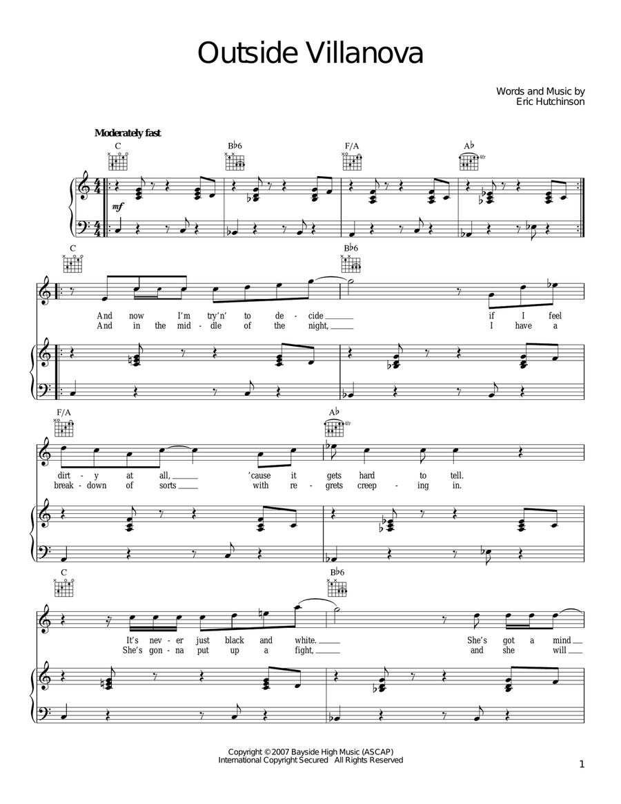 Outside Villanova Piano, Vocal, Guitar scores gallery preview page 1