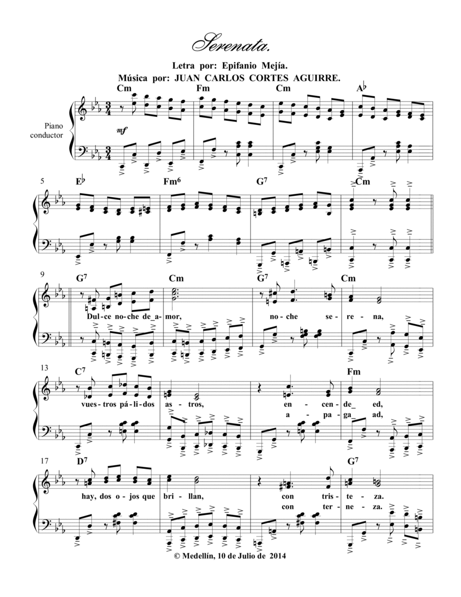 Serenata. Pasillo con versos de JOSÉ EPIFANIO MEJÍA y música de JUAN CARLOS CORTÉS A. Piano scores gallery preview page 1