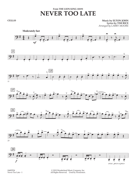 Never Too Late (from The Lion King 2019) (arr. Larry Moore) - Cello by Elton John String Quartet - Digital Sheet Music