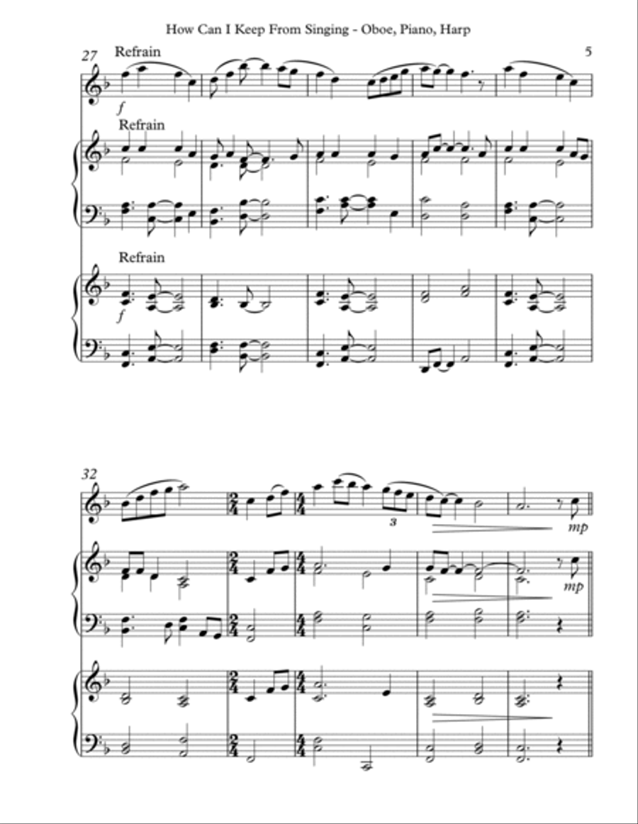 How Can I Keep From Singing, Trio for Oboe, Piano & Harp Pedal Harp scores gallery preview page 5