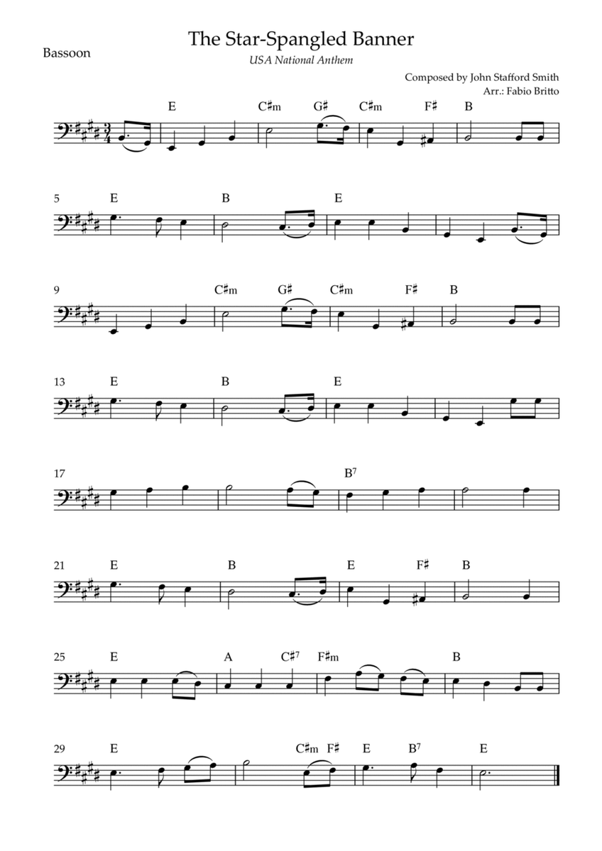 The Star Spangled Banner (USA National Anthem) for Bassoon Solo with Chords (E Major)