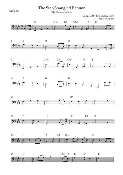 The Star Spangled Banner (USA National Anthem) for Bassoon Solo with Chords (E Major)
