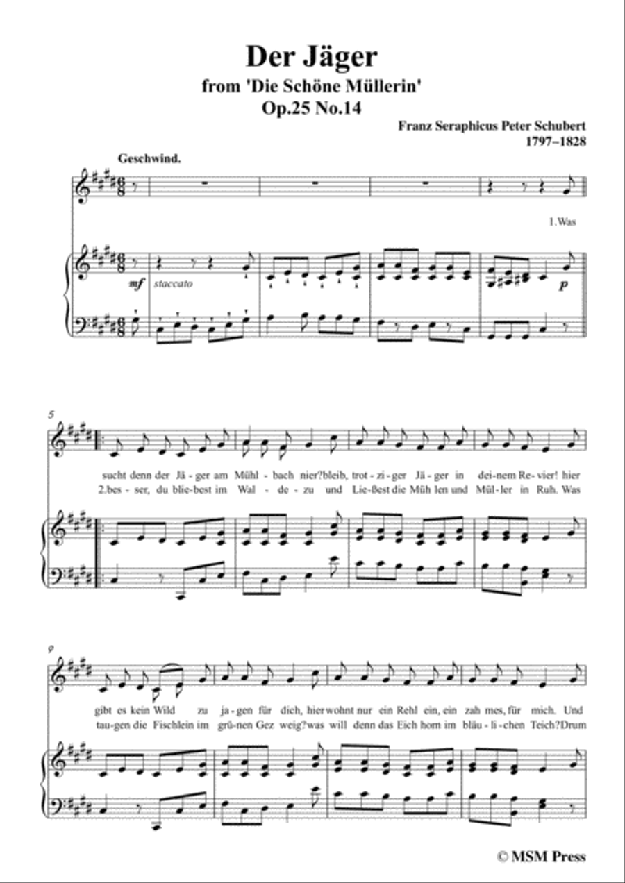 Schubert-Der Jäger,from 'Die Schöne Müllerin',Op.25 No.14,in c sharp minor,for Voice&Pno Voice scores gallery preview page 3