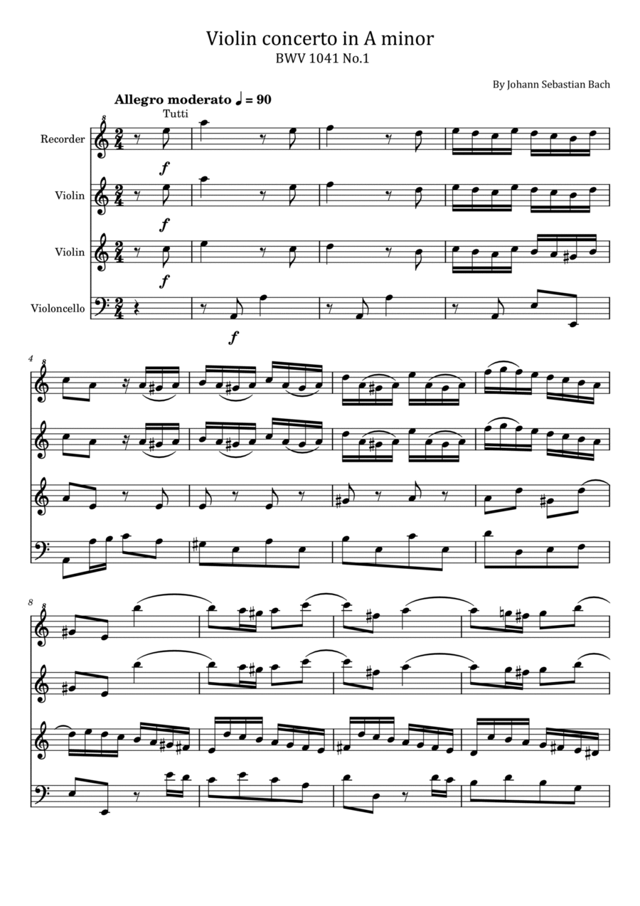 Bach - Violin Concerto in A minor - BWV 1041 - String Quartet - For four parts Complete 4-Part scores gallery preview page 1