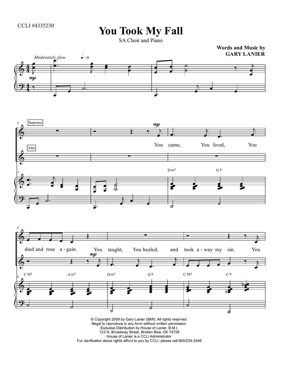YOU TOOK MY FALL (Soprano/Alto choir/Piano with SA Part) SA scores gallery preview page 2