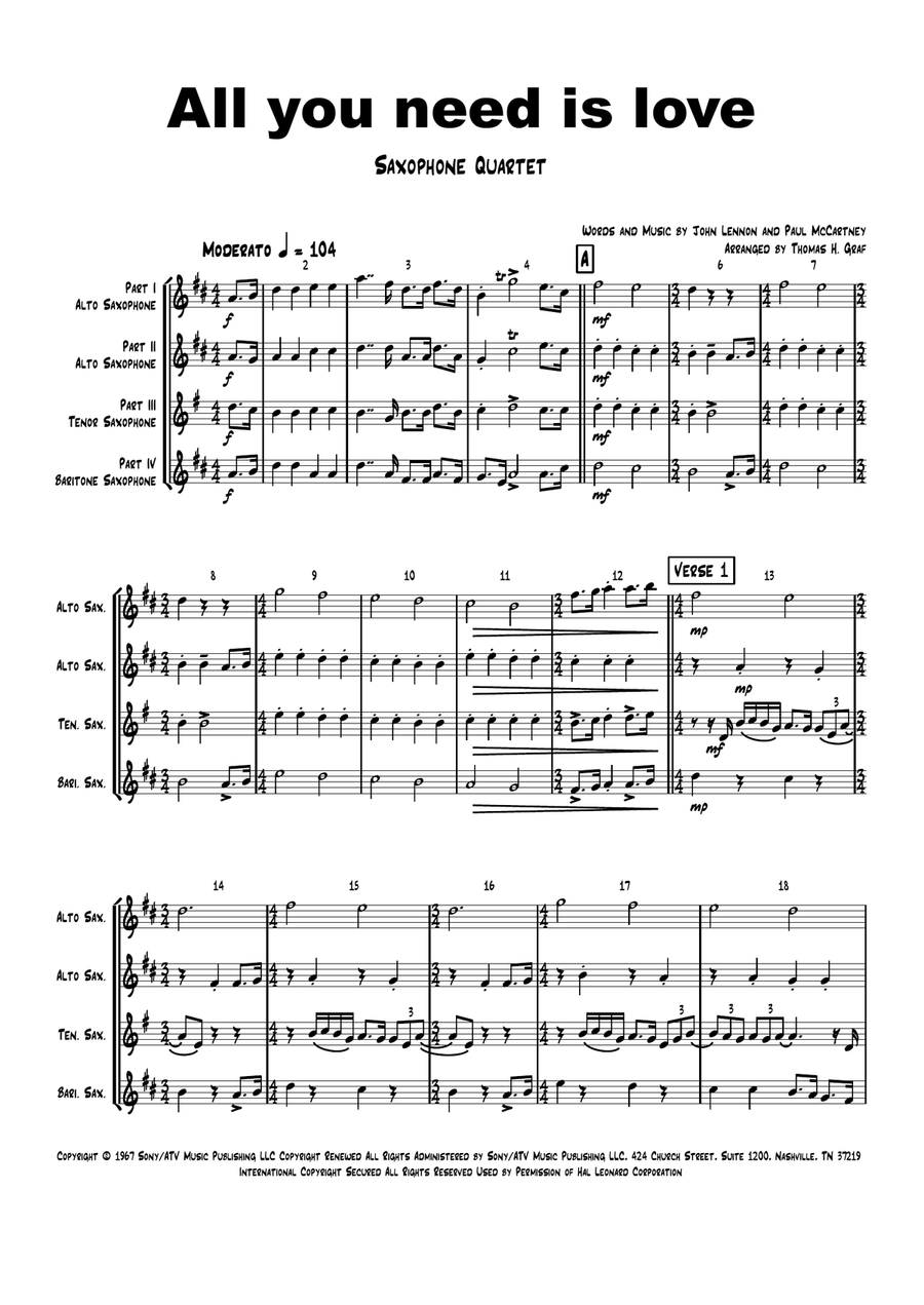 All You Need Is Love Saxophone Quartet scores gallery preview page 1