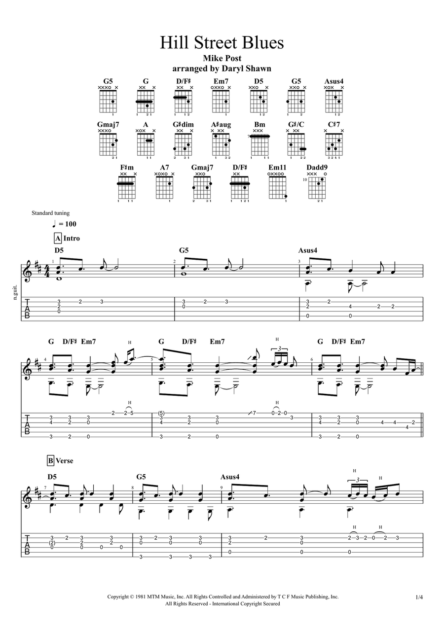 Hill Street Blues Theme Hill Street Blues Theme Electric Guitar scores gallery preview page 1
