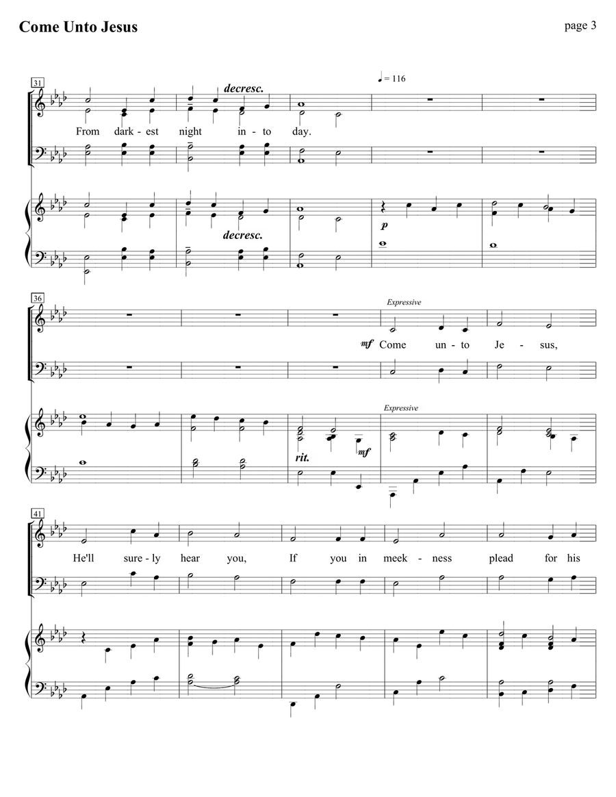 Come Unto Jesus (SATB w/ piano) 4-Part scores gallery preview page 3