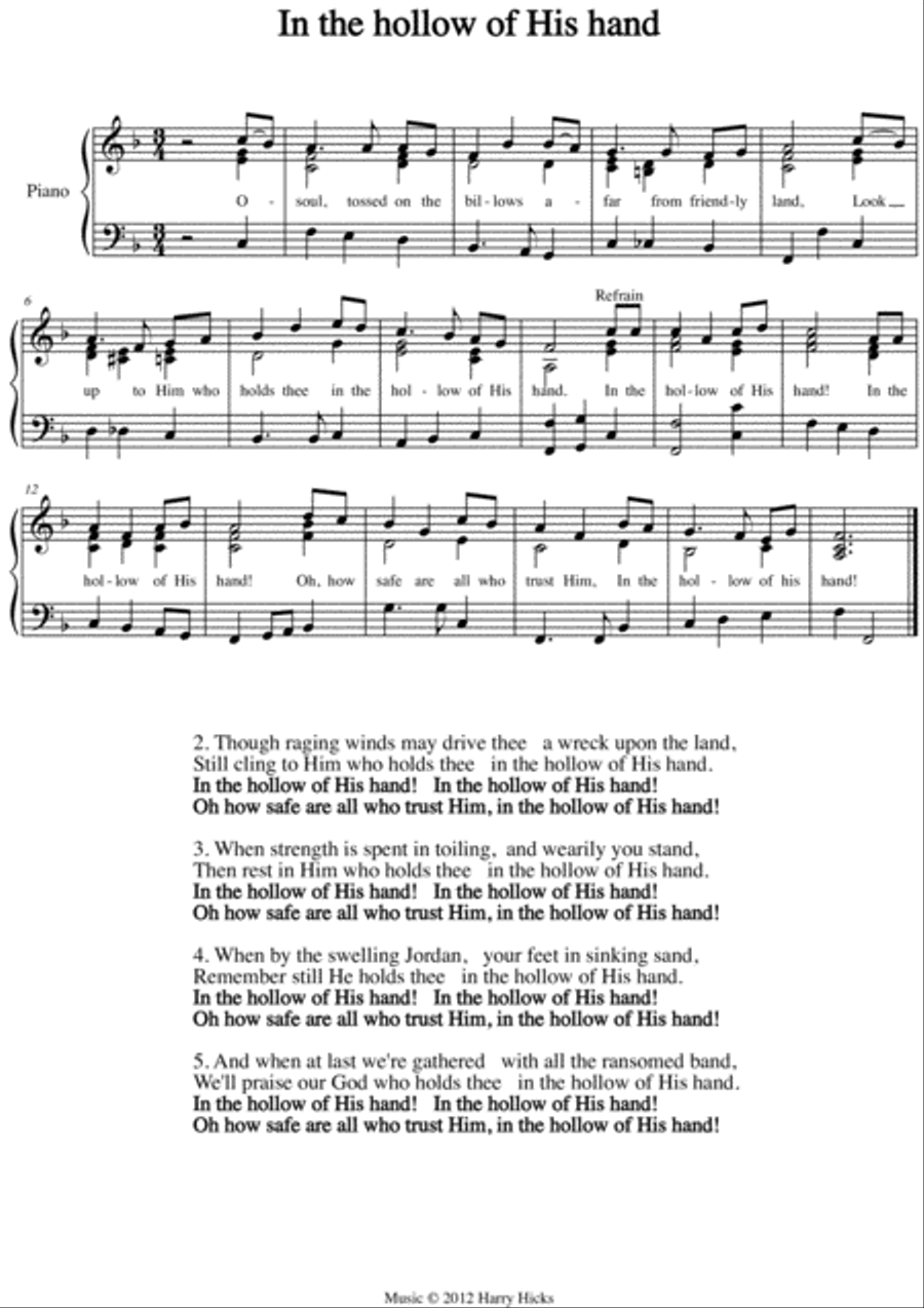 In the hollow of His hand. A new tune to a wonderful old hymn. Unison Choir scores gallery preview page 1