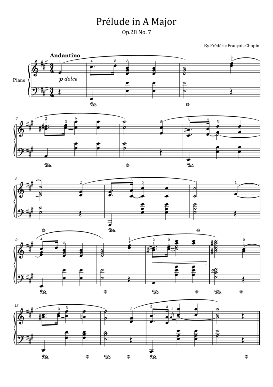 Chopin - Prélude in A Major - Op.28 No. 7 - Original With Fingered Easy Piano scores gallery preview page 1