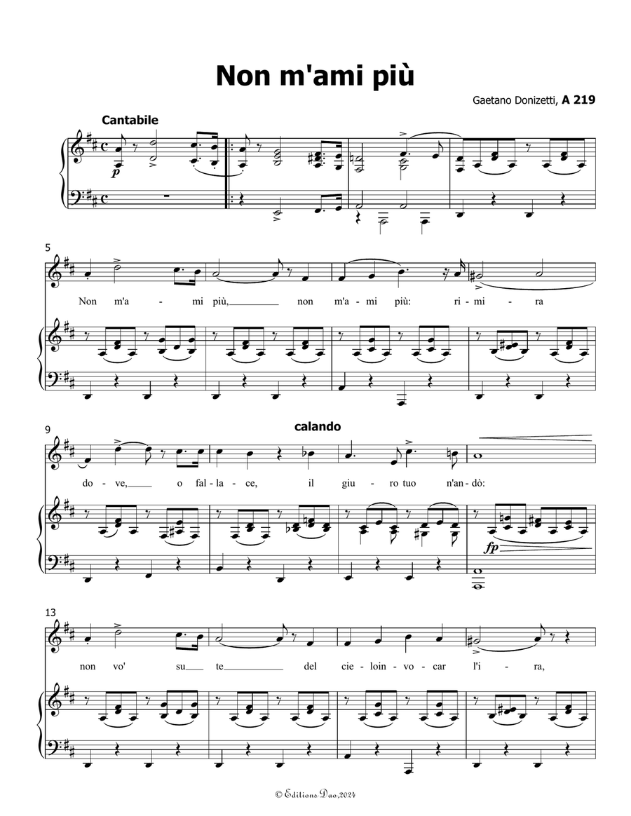 Non m'ami più, by Donizetti, in D Major Piano, Vocal scores gallery preview page 3
