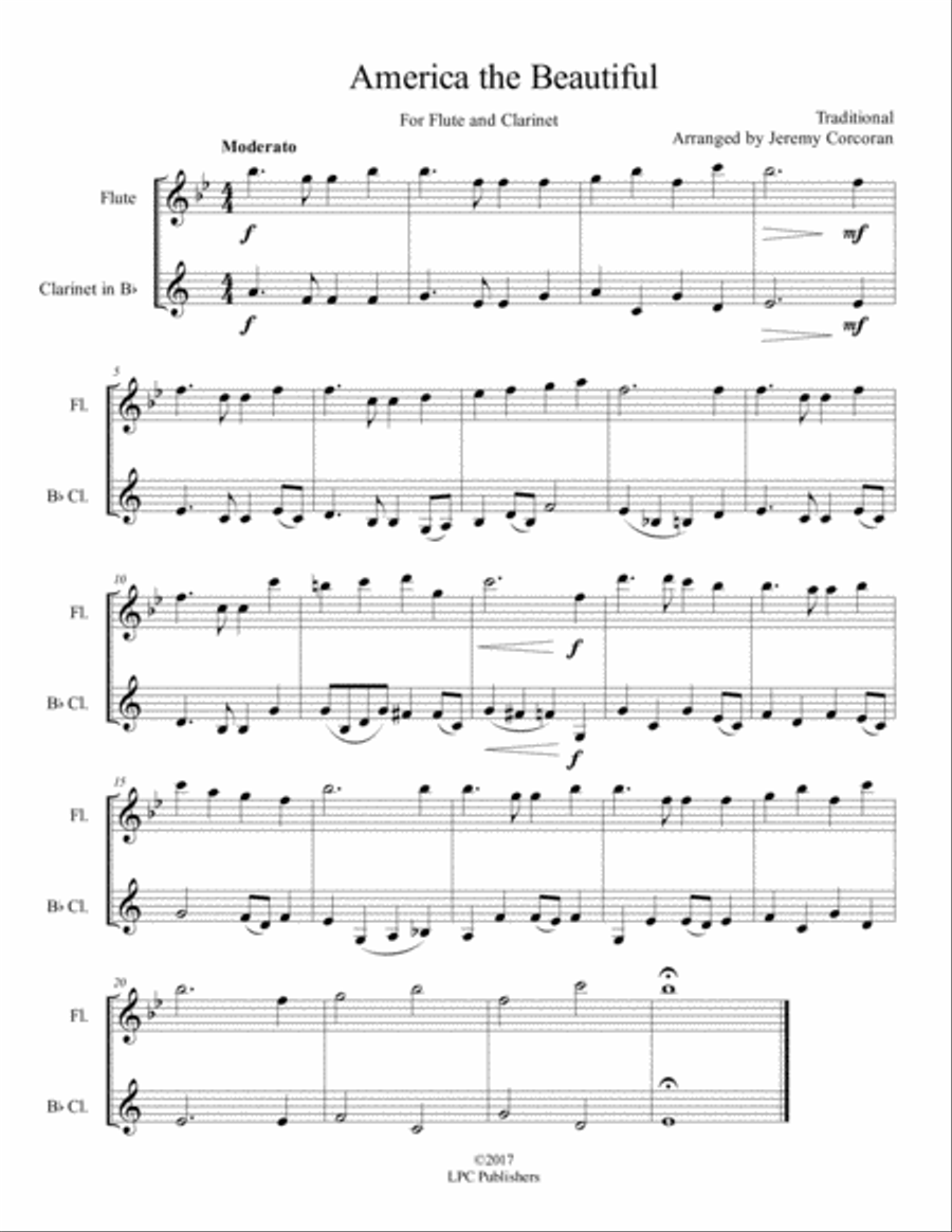America the Beautiful for Flute and Clarinet America the Beautiful for Flute and Clarinet Woodwind Duet scores gallery preview page 1