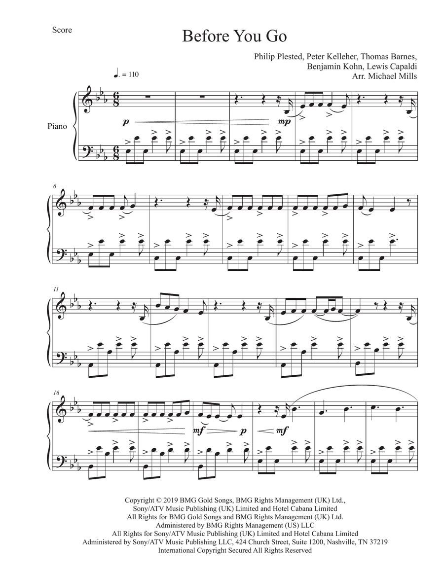 Before You Go Piano Solo scores gallery preview page 1