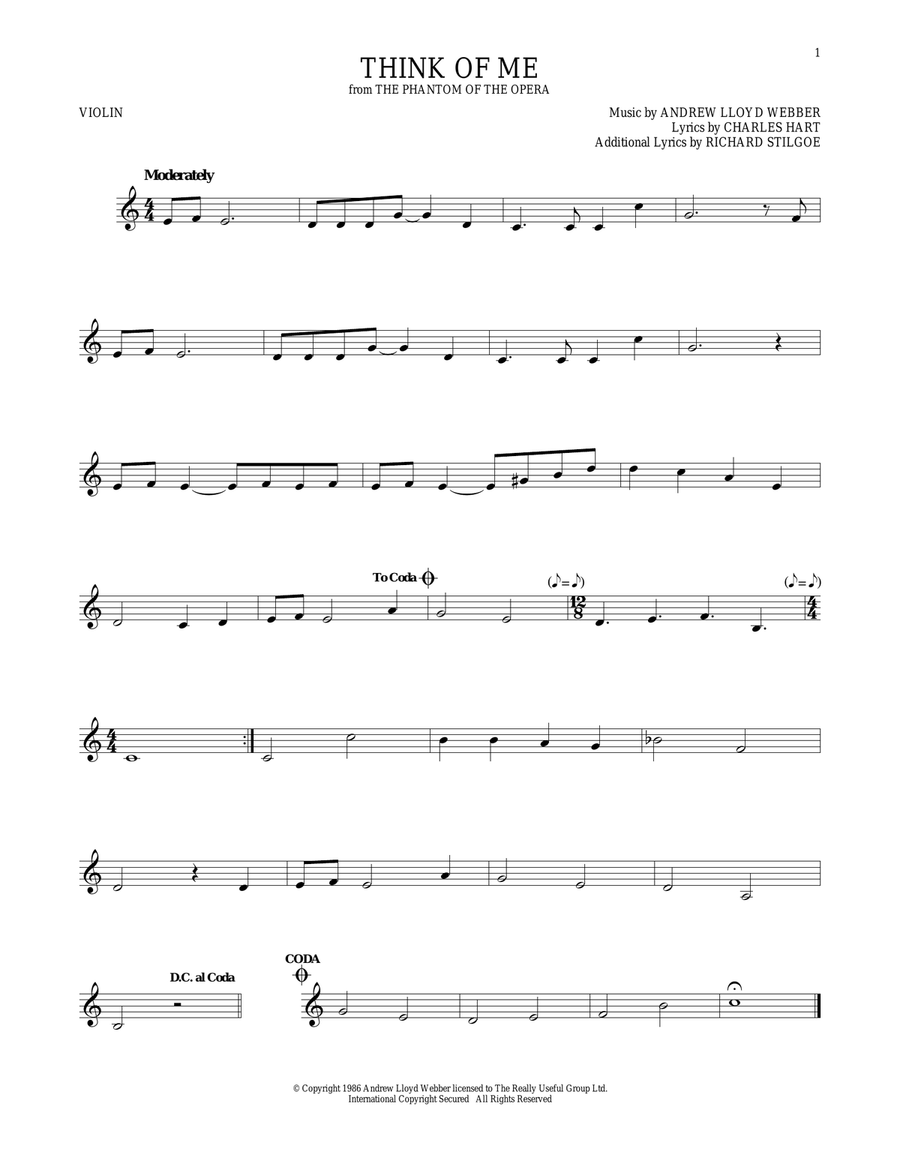 Think Of Me (from The Phantom Of The Opera) Violin Solo scores gallery preview page 1